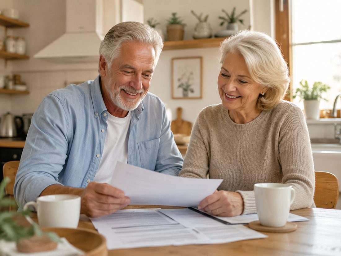 A senior couple reviewing their coverage options at home